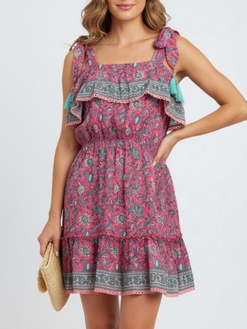 Alicia Bell Boho Printed Pink Teal Mini Dress Tassels Small